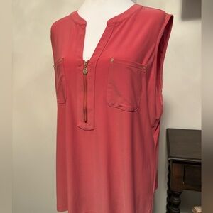 Anne Klein Coral Sleeveless Blouse with Gold Zipper Accent